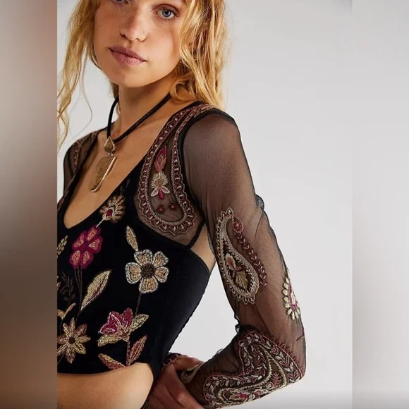 Free People Embroidered Sheer Corset Top XS Florence Festival - Picture 10 of 13